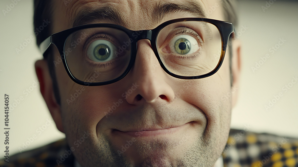 Astonished Man Close-Up: A comical portrait of a man with wide eyes and a surprised expression, wearing glasses. Perfect for illustrating reactions, humor, or unexpected events. Astonished Man Close-Up: A comical portrait of a man with wide eyes and a surprised expression, wearing glasses. Perfect for illustrating reactions, humor, or unexpected events.