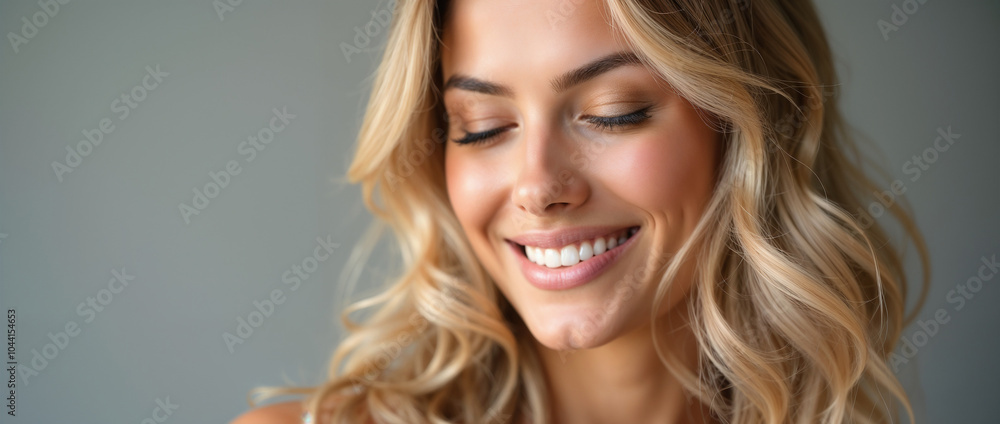 Fototapeta premium A radiant woman with flowing blond hair smiles warmly, conveying positive emotions and natural beauty. Her confident expression and glowing complexion exude happiness and elegance.