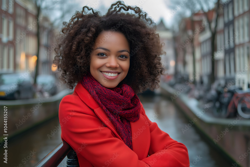 Young black woman with curly hair is smiling while standing near a canal in amsterdam Young black woman with curly hair is smiling while standing near a canal in amsterdam