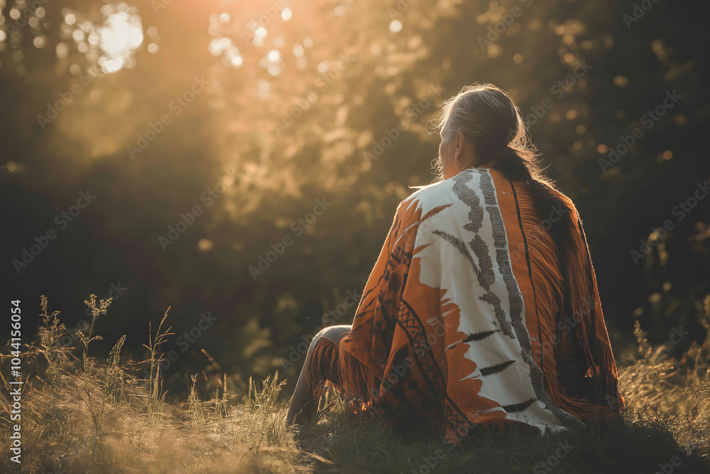 Fototapeta premium An Indigenous elder sits peacefully in the sunlight, wrapped in a colorful traditional blanket, surrounded by nature