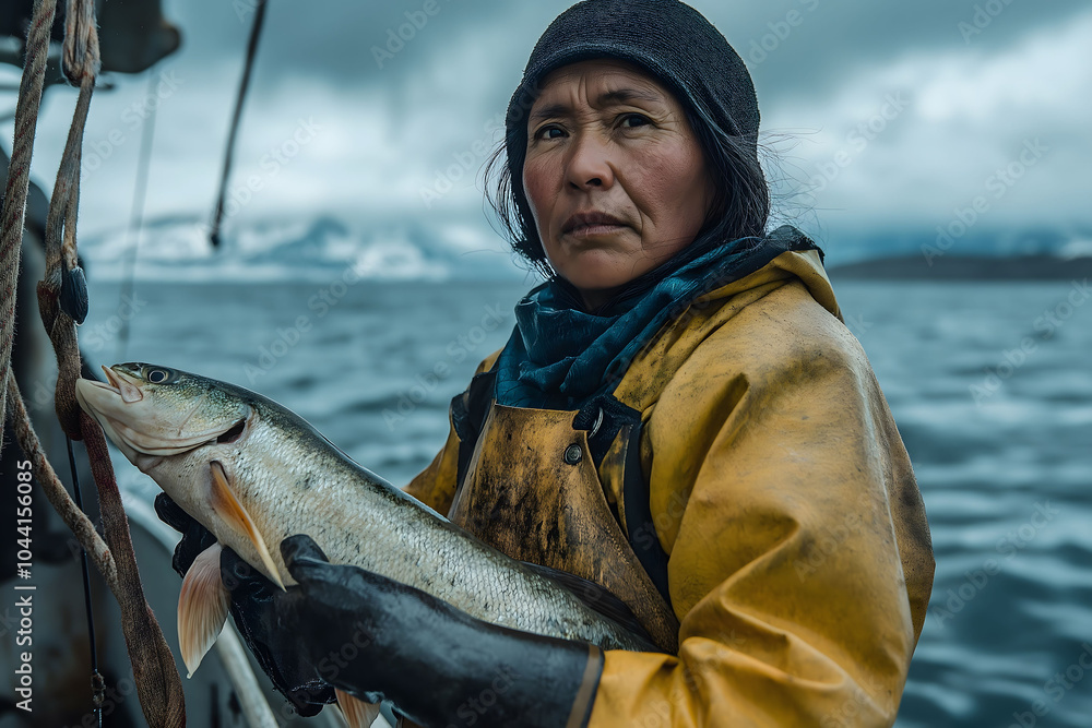 A determined Indigenous fisherwoman stands on a boat, holding a freshly caught fish with the sea and mountains in the background