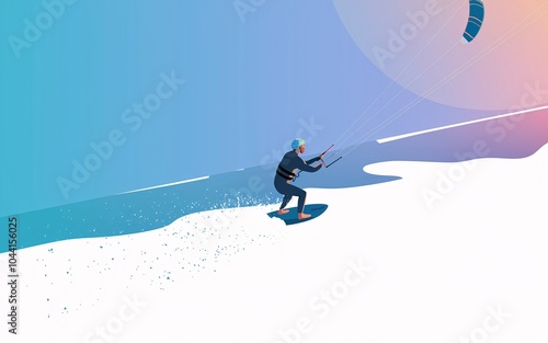 A kitesurfer rides a wave on a bright, sunny day.