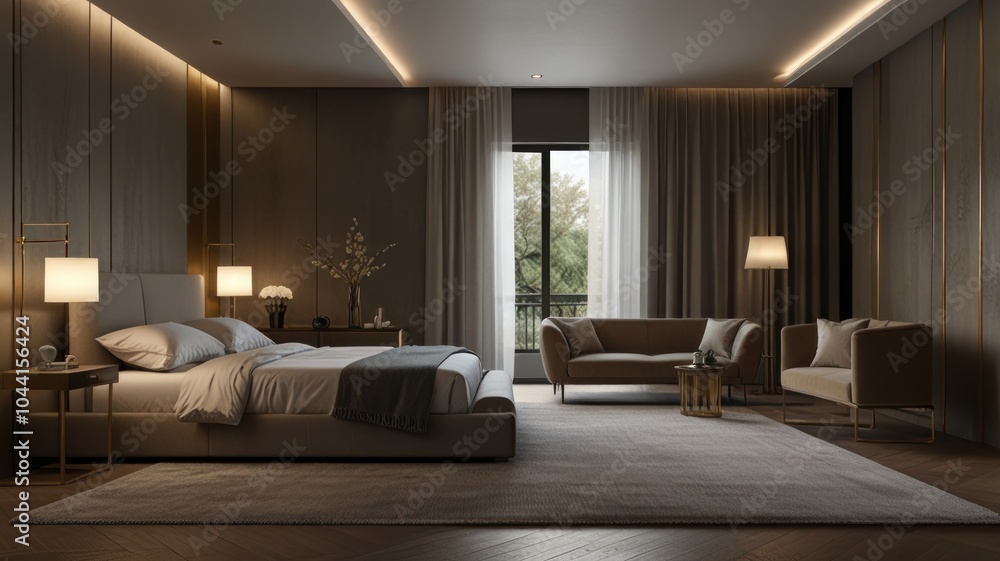 Modern bedroom interior design with a large bed, two armchairs, and a rug on the floor. Modern bedroom interior design with a large bed, two armchairs, and a rug on the floor.