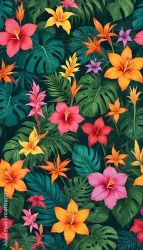 Tropical exotic pattern with animal and flowers in bright colors and lush vegetation