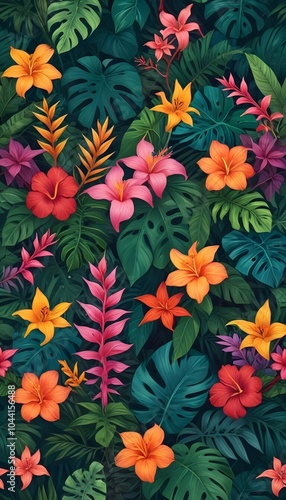 Tropical exotic pattern with animal and flowers in bright colors and lush vegetation