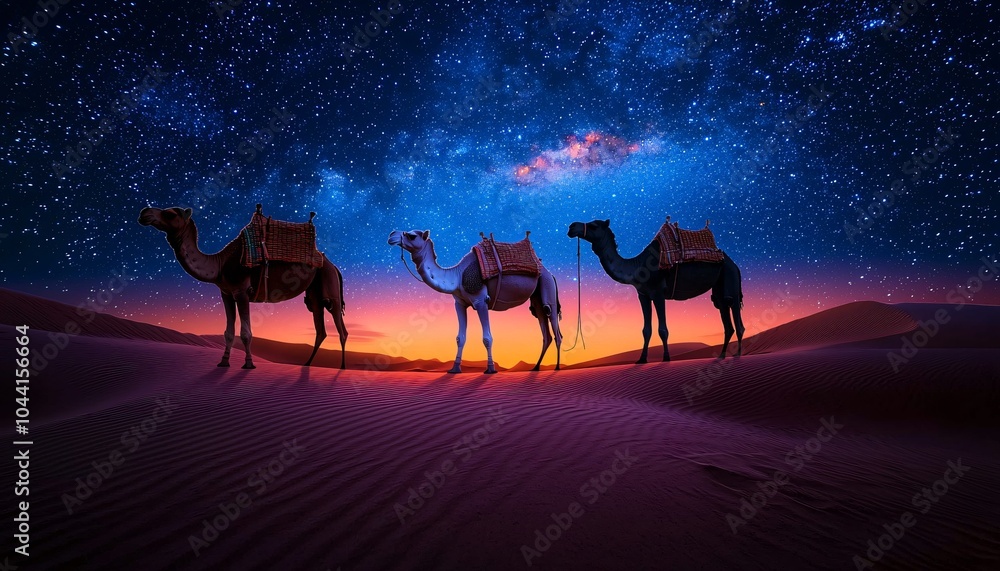 Three camels under a starry night sky, perfect for Christmas and holiday-themed designs, evoking serenity and contemplation amidst a magical desert landscape.