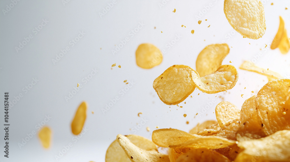 A dynamic shot of a potato chips bag, mid-open, with a few golden chips peeking out, set against a clean white background for a fresh and appetizing feel. A dynamic shot of a potato chips bag, mid-open, with a few golden chips peeking out, set against a clean white background for a fresh and appetizing feel.