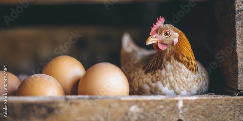 The image depicts a chicken beside brown eggs in a wooden nest, showcasing farm life and rustic simplicity. photo