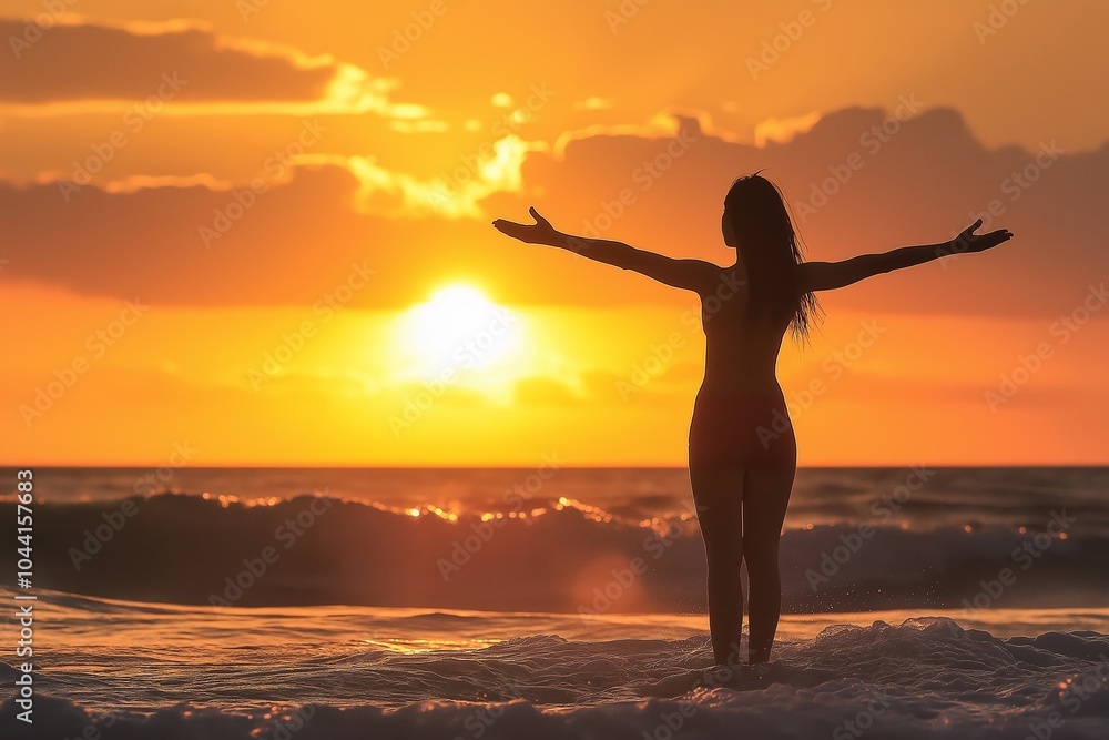 Fototapeta premium Silhouette of a person standing in the ocean during sunset, arms wide open, embracing nature's beauty.