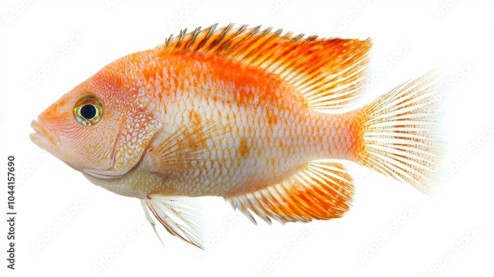 striking Red Terror Cichlid showcases brilliant orange and red hues prominently displayed in stark contrast to the white background highlighting its intricate patterns and features. striking Red Terror Cichlid showcases brilliant orange and red hues prominently displayed in stark contrast to the white background highlighting its intricate patterns and features.