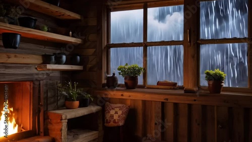 Peaceful Rustic Cottage cabin storm generative AI