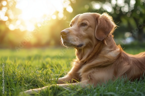 A golden retriever lounges on lush green grass in the warm glow of sunset, exuding calmness and companionship. photo