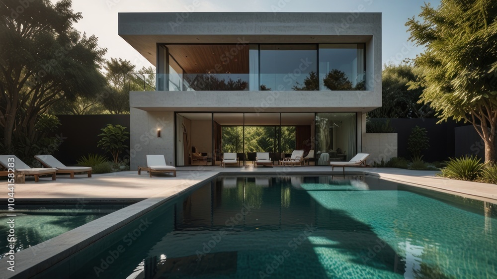 A modern, minimalist two-story house with a swimming pool in the backyard. A modern, minimalist two-story house with a swimming pool in the backyard.