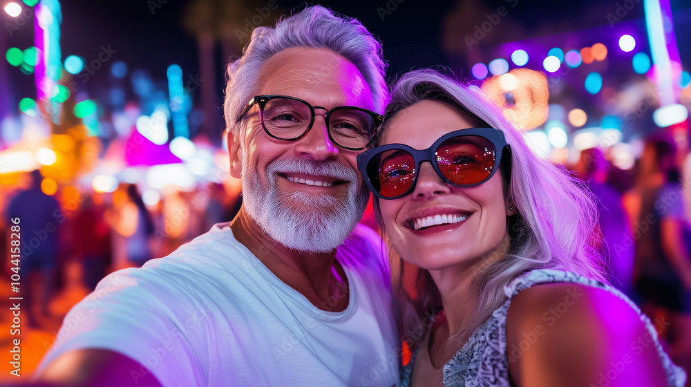 A vibrant selfie of a cheerful gray-haired man and woman in glasses, capturing a special moment together at a music festival, with colorful lights and a lively crowd behind them. A vibrant selfie of a cheerful gray-haired man and woman in glasses, capturing a special moment together at a music festival, with colorful lights and a lively crowd behind them.