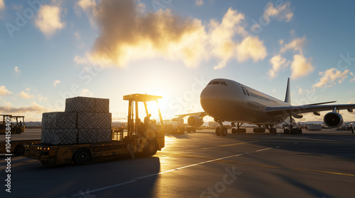 A wide-angle view of a massive cargo plane on the tarmac, surrounded by forklifts and ground staff loading goods as the sun beams down from a cloudless sky. photo