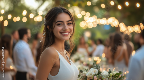 The planner beams with satisfaction as she oversees the arrival of guests at a charming garden wedding, ensuring everything flows seamlessly, with festive decorations in the backgr photo