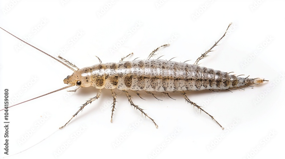 Silverfish a member of the Argentiniformes displays its slender elongated body and distinct antennae against a clean white backdrop highlighting its unique morphology Silverfish a member of the Argentiniformes displays its slender elongated body and distinct antennae against a clean white backdrop highlighting its unique morphology
