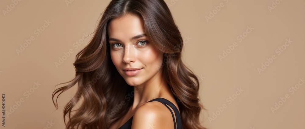 custom made wallpaper toronto digitalClose-up of a woman with long, flowing brown hair and a gentle smile, exuding natural beauty and confidence against a neutral background.

