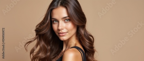 Wallpaper Mural Close-up of a woman with long, flowing brown hair and a gentle smile, exuding natural beauty and confidence against a neutral background.

 Torontodigital.ca