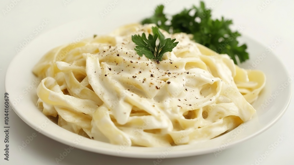 Creamy fettuccine alfredo dish on a plate, set against a white backdrop. Creamy fettuccine alfredo dish on a plate, set against a white backdrop.