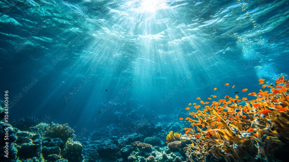 Fototapeta premium Abyssal Symphony - Magnificent Underwater Mountains and Marine Life in a Colorful Deep Sea Landscape