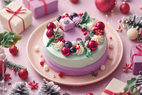 Christmas. The exquisite plate is filled with cakes made of fruit green, taro purple, bright red, and dark blue pigment powder, the top of the cake is decorated with mint leaves