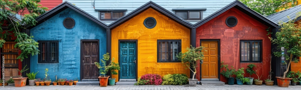Brightly painted houses line a sidewalk in a neighborhood, real estate, banner Brightly painted houses line a sidewalk in a neighborhood, real estate, banner