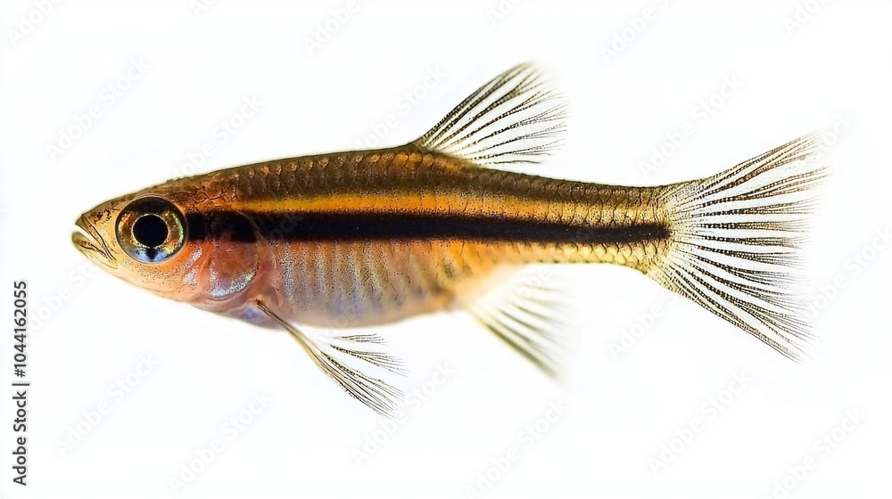 lively Zebra Danio is captured in motion showcasing its distinctive stripes and fins. It swims against a bright white background emphasizing its beauty and grace. lively Zebra Danio is captured in motion showcasing its distinctive stripes and fins. It swims against a bright white background emphasizing its beauty and grace.