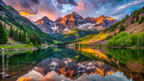 Scenic view of Maroon Lake and Maroon Bells in Aspen, Colorado during spring evening