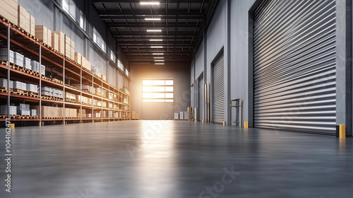 Wallpaper Mural A modern industrial warehouse with two large roller shutter doors, one fully open showing the well-lit interior filled with shelves and goods, while the other remains tightly shut. Torontodigital.ca