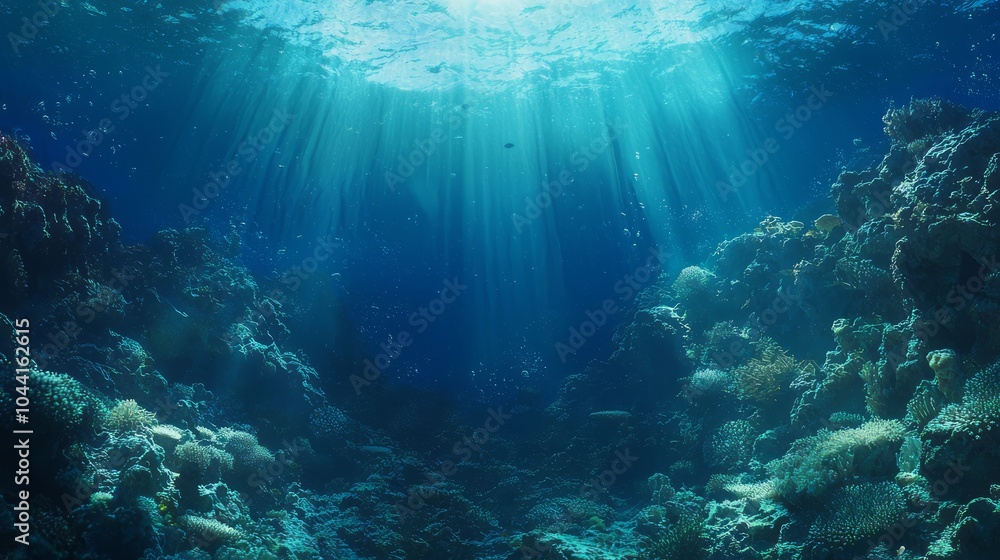 Fototapeta premium Serene Underwater World: Vibrant Reef Teeming with Marine Life and Colorful Corals, Play of Light and Shadows, Ultra-Detailed Exploration