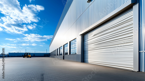 A contemporary industrial warehouse featuring a prominent roller shutter door, partially raised to allow a forklift to enter, with the clean lines of the buildingâs design reflecti photo