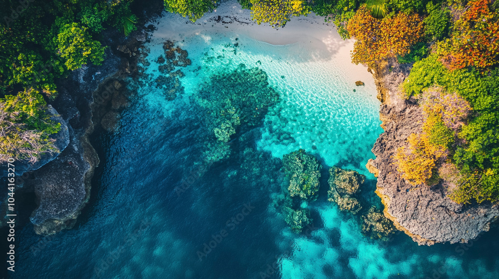 Drone perspective of a vibrant coral reef just beneath the surface of crystal-clear tropical waters Drone perspective of a vibrant coral reef just beneath the surface of crystal-clear tropical waters