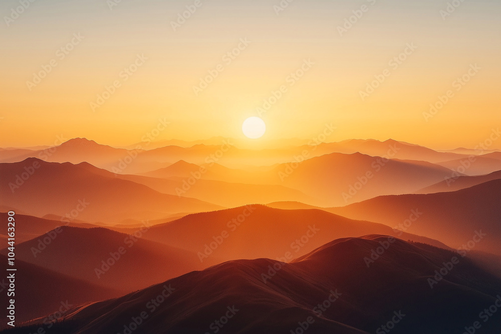 Obraz premium Stunning sunrise illuminating layered mountains with soft hues in a tranquil morning sky