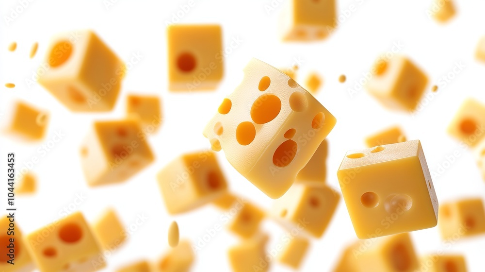 Floating cheese cubes with holes on a white backdrop. The image includes pathways that can be edited. Floating cheese cubes with holes on a white backdrop. The image includes pathways that can be edited.