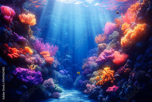 Vibrant coral reef teeming with marine life under soft sunlight in a stunning underwater landscape