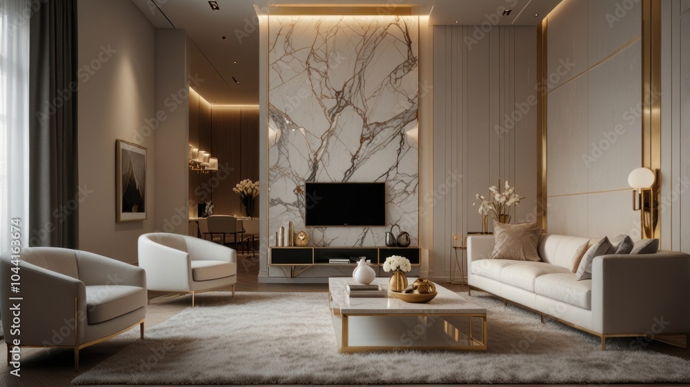 A modern living room interior with white and gold furniture, a marble accent wall, and a large television. A modern living room interior with white and gold furniture, a marble accent wall, and a large television.