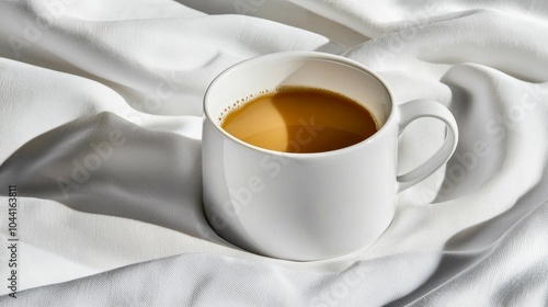 Serene White Porcelain Teacup on Textured Linen Tablecloth with Soft Lighting Ambiance