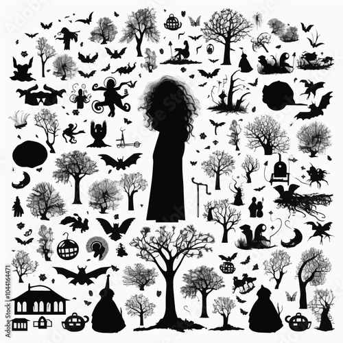 Silhouette of a Woman with Halloween Bats, Trees, and Haunted Forest Scene