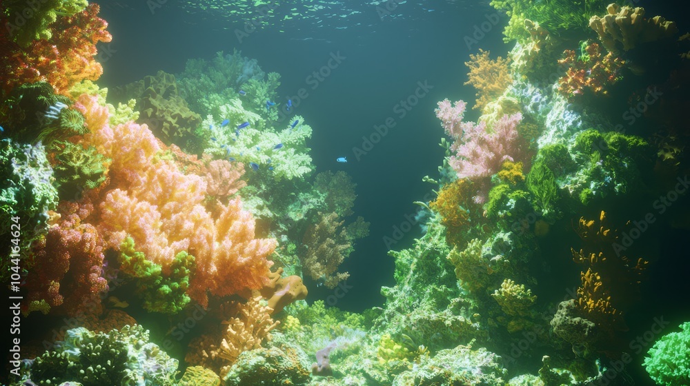 Naklejka premium Majestic Underwater World: Vibrant Coral Reef Ecosystem Teeming with Diverse Marine Life