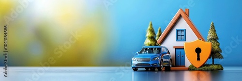 home and auto insurance concept with shield, car, home