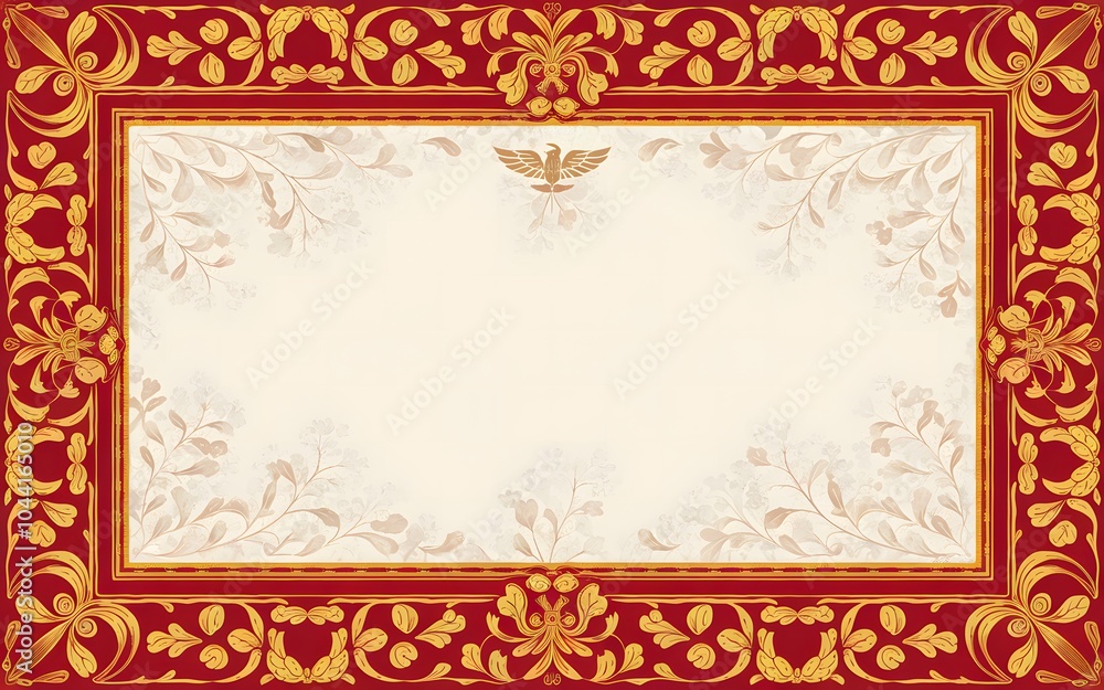 Ornate golden frame with floral design on red background. Ornate golden frame with floral design on red background.