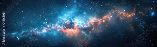 Starry sky with a bright blue and orange nebula in the center, banner, copy space