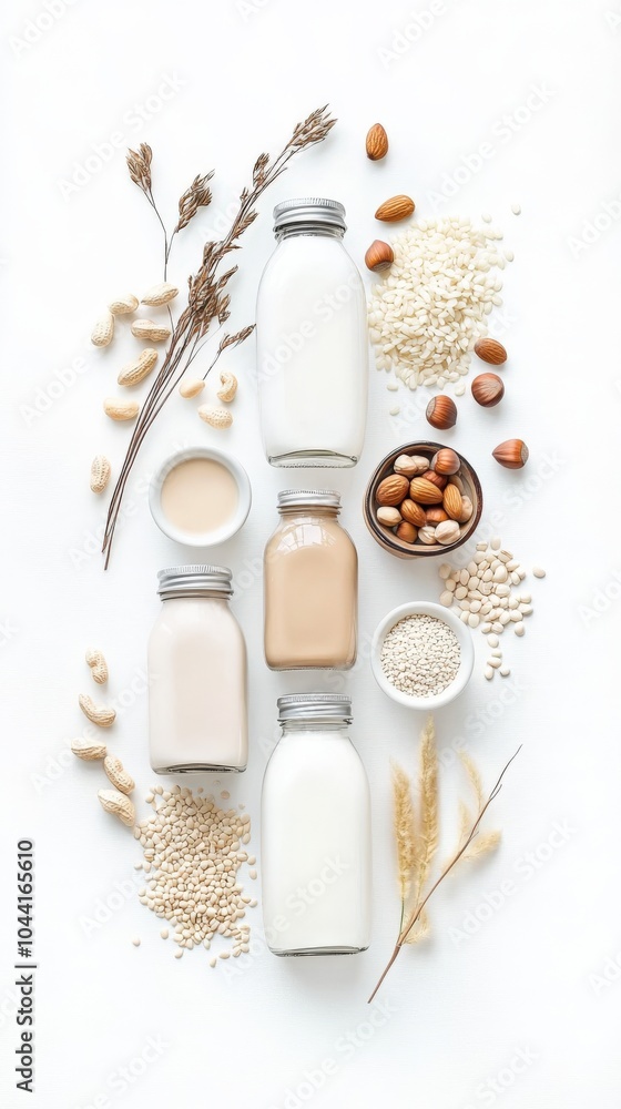 Assorted Nut and Soy Milk Bottles with Ingredients on Light Background Assorted Nut and Soy Milk Bottles with Ingredients on Light Background