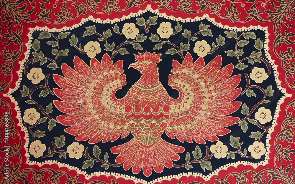 A red and gold phoenix bird with spread wings, surrounded by white flowers and green leaves on a dark blue background with a red border. A red and gold phoenix bird with spread wings, surrounded by white flowers and green leaves on a dark blue background with a red border.