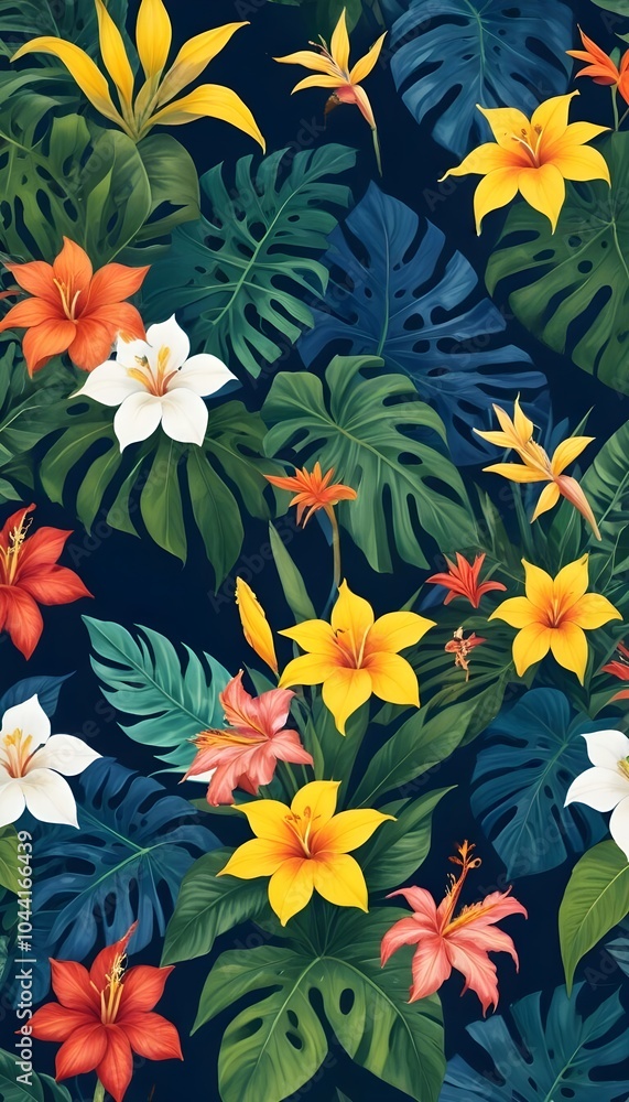 Tropical exotic pattern with animal and flowers in bright colors and lush vegetation Tropical exotic pattern with animal and flowers in bright colors and lush vegetation
