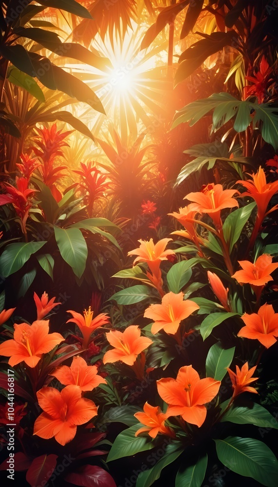 Tropical exotic pattern with animal and flowers in bright colors and lush vegetation Tropical exotic pattern with animal and flowers in bright colors and lush vegetation