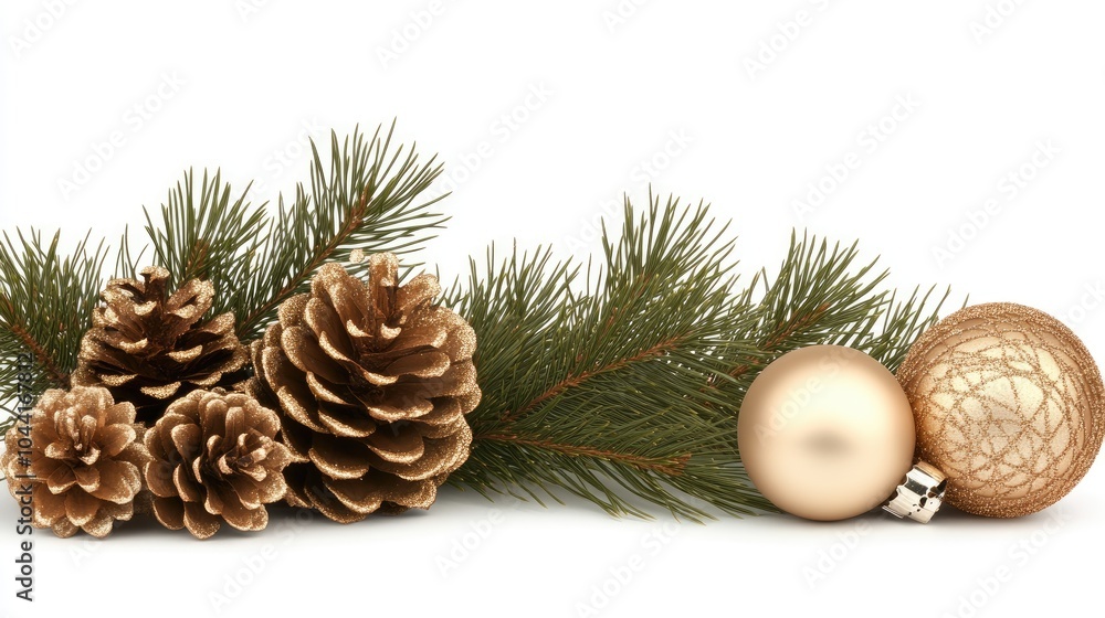 A Christmas tree branch features elegant white ornaments and accents against a clean backdrop, perfect for minimalist holiday design A Christmas tree branch features elegant white ornaments and accents against a clean backdrop, perfect for minimalist holiday design