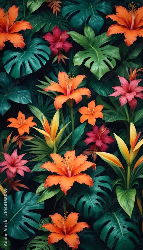 Tropical exotic pattern with animal and flowers in bright colors and lush vegetation Tropical exotic pattern with animal and flowers in bright colors and lush vegetation