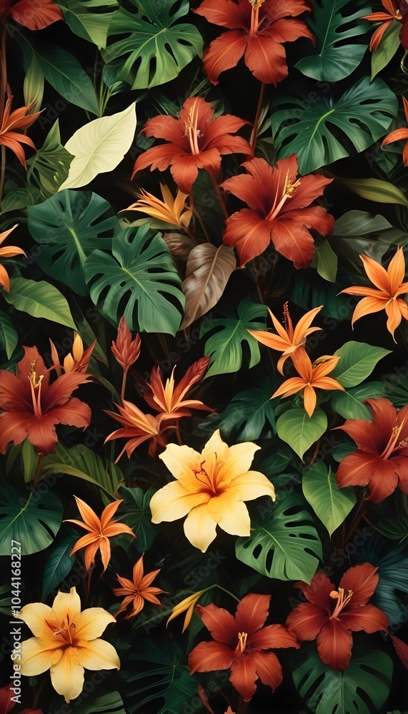 Tropical exotic pattern with animal and flowers in bright colors and lush vegetation Tropical exotic pattern with animal and flowers in bright colors and lush vegetation